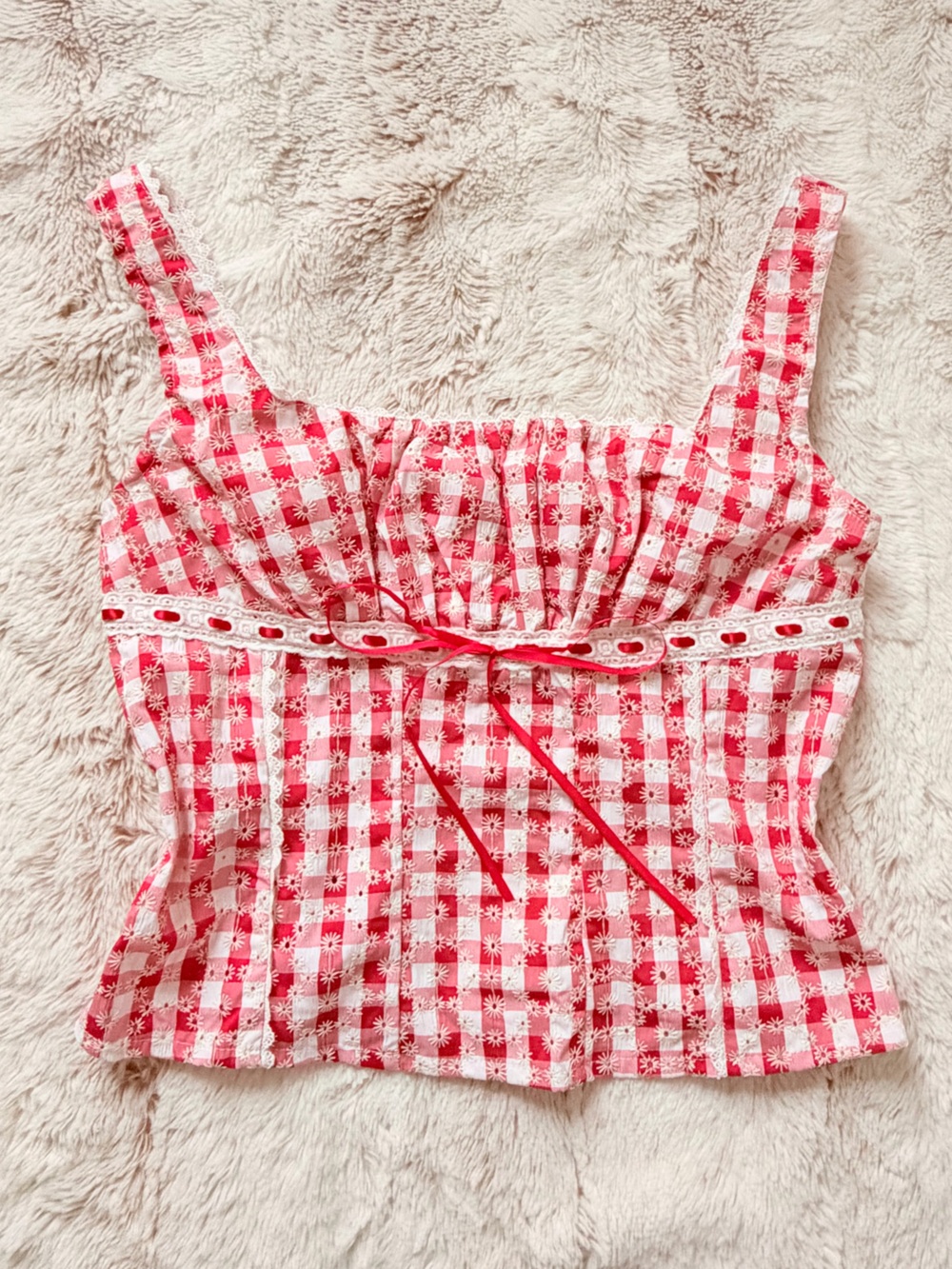 ❤️ Y2K Coquette Cottagecore Fairy Milkmaid Babydoll Gingham Vintage Smocked Top